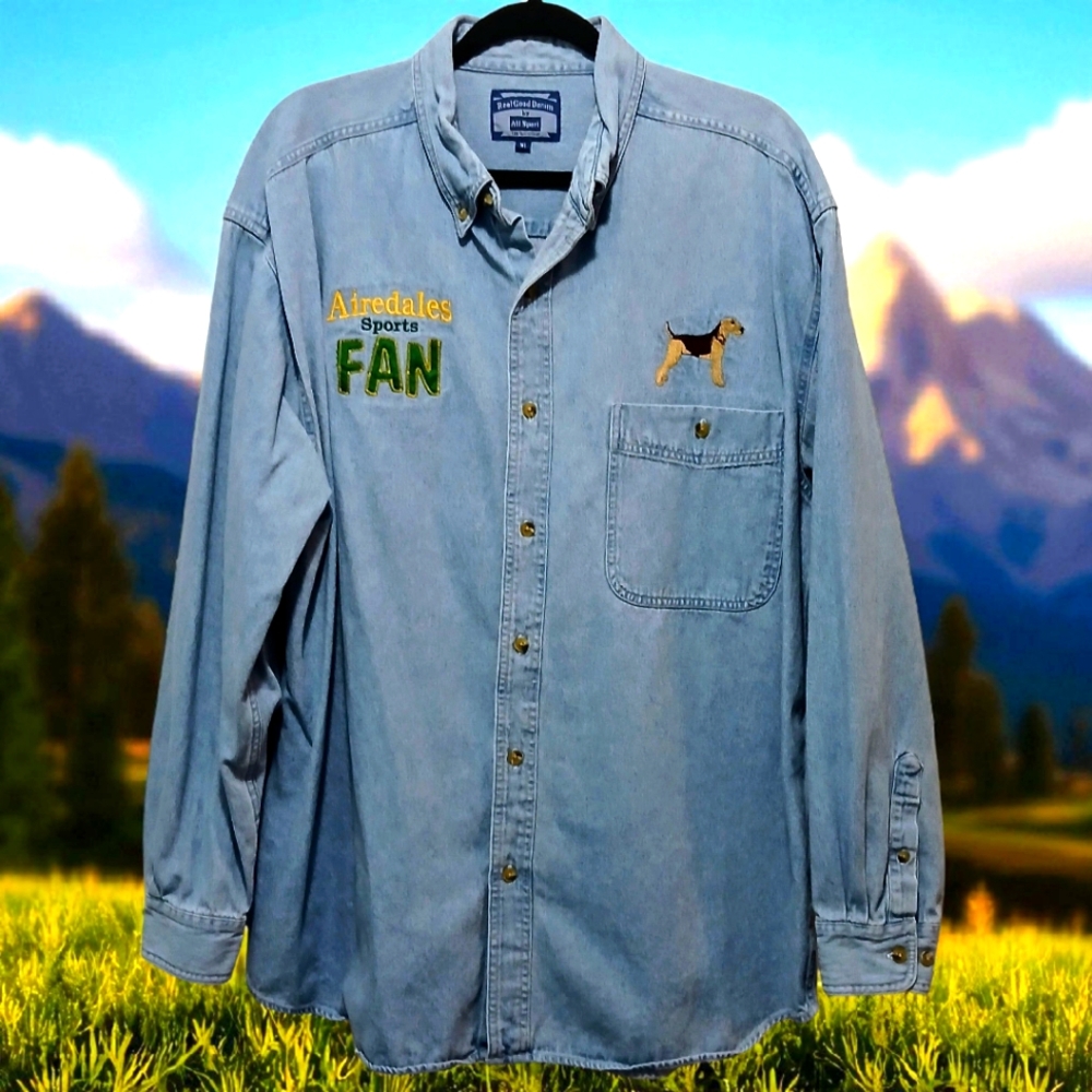 Vintage Blue Denim XL L/Sleeve Airedales Sports Fan Shirt REAL GOOD BY ALL SPORT